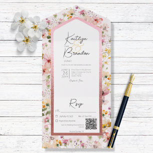 Rustic Blush Pink Wildflowers QR Code All In One Invitation