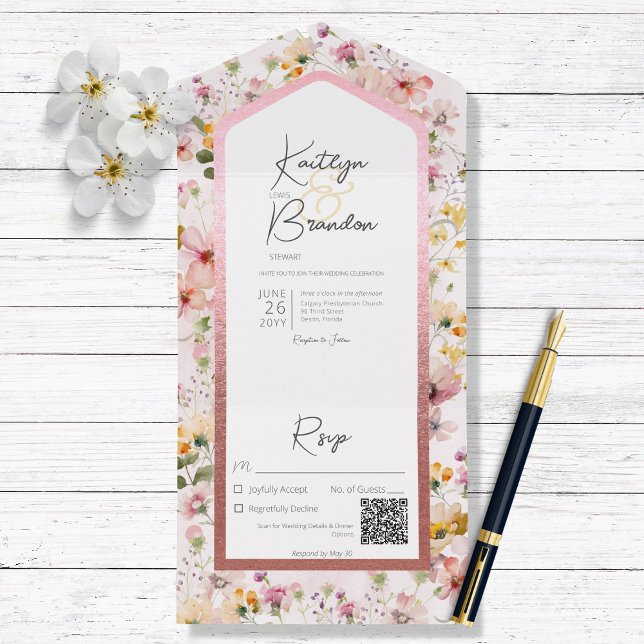 Rustic Blush Pink Wildflowers QR Code All In One Invitation (Creator Uploaded)