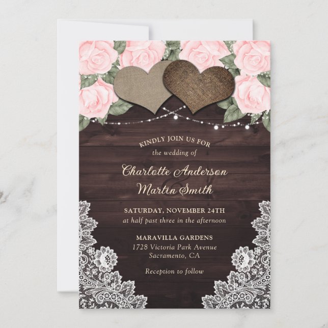 Rustic Blush Pink Wood Hearts String Lights Floral Invitation (Front)