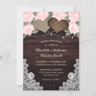 Rustic Blush Pink Wood Hearts String Lights Floral Invitation