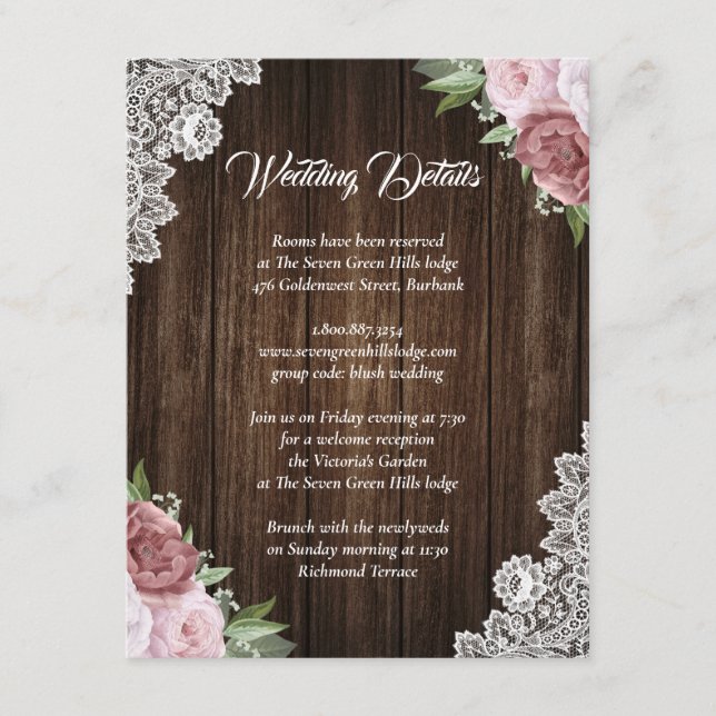 Rustic Blush Pink Wood Lace Floral Enclosure Card (Front)