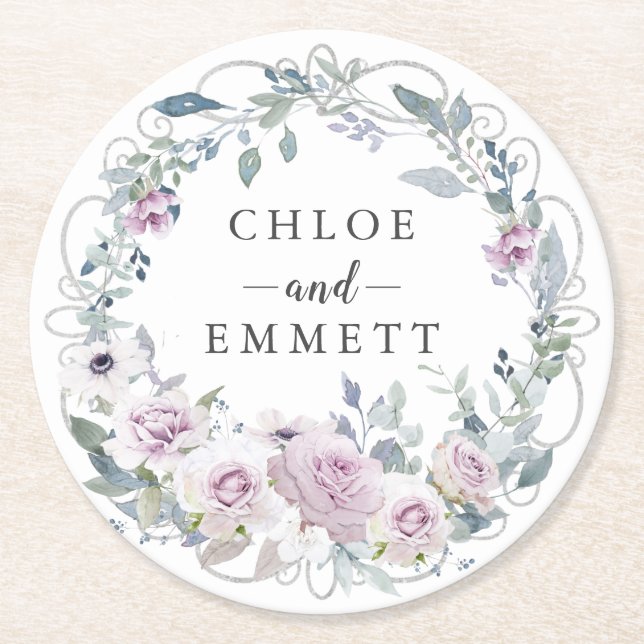 Rustic Blush Purple Rose Wreath Round Paper Coaster (Front)