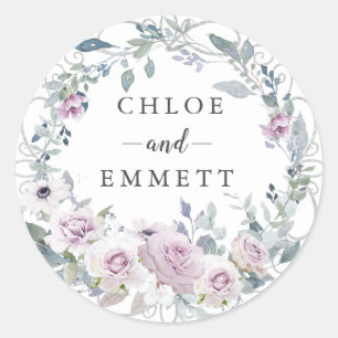 Rustic Blush Purple Rose Wreath Wedding Favour Classic Round Sticker