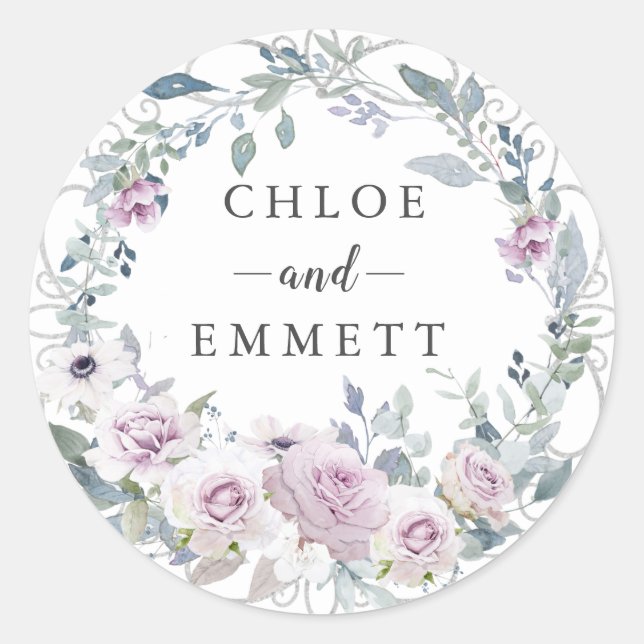 Rustic Blush Purple Rose Wreath Wedding Favour Classic Round Sticker (Front)