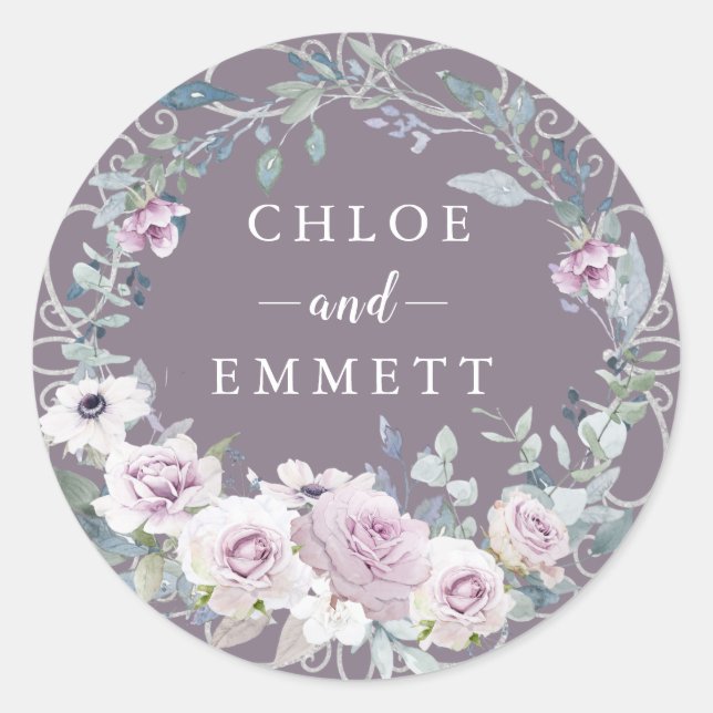 Rustic Blush Purple Rose Wreath Wedding Favour Classic Round Sticker (Front)