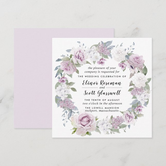 Rustic Blush Purple White Floral Square Wedding Invitation (Front/Back)