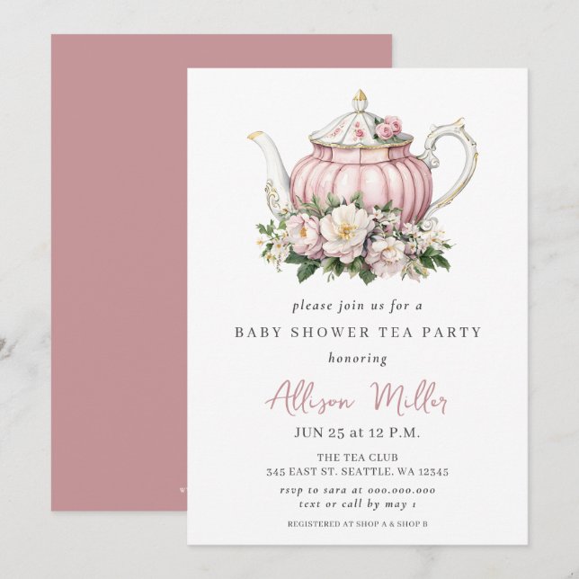 Rustic Blush Rose Gold Tea Party Baby Shower  Invitation (Front/Back)