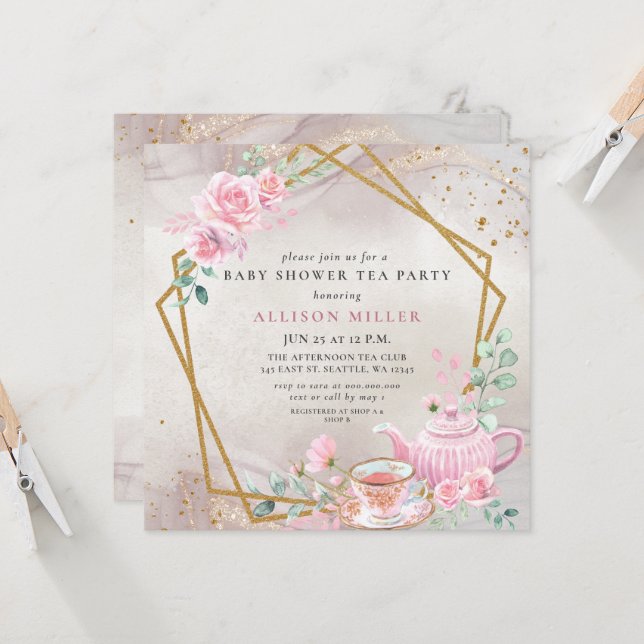 Rustic Blush Rose Gold Tea Party Baby Shower  Invitation (Front/Back In Situ)