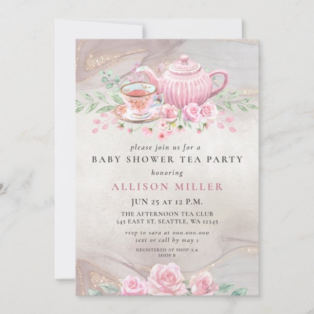 Rustic Blush Rose Gold Tea Party Baby Shower  Invitation (Front)