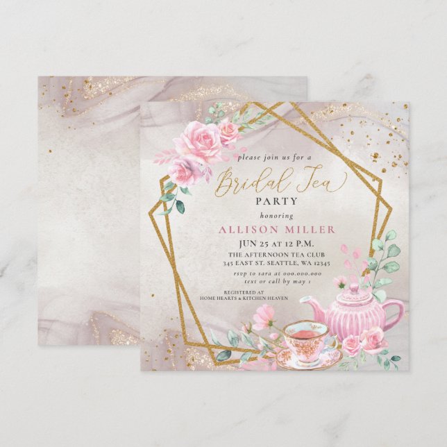 Rustic Blush Rose Gold Tea Party Bridal Shower  Invitation (Front/Back)