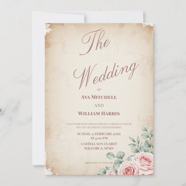 Rustic Blush Rose Parchment Wedding Invitation (Front)