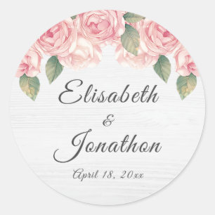 Rustic Blush Rose White Wood Wedding Classic Round Sticker