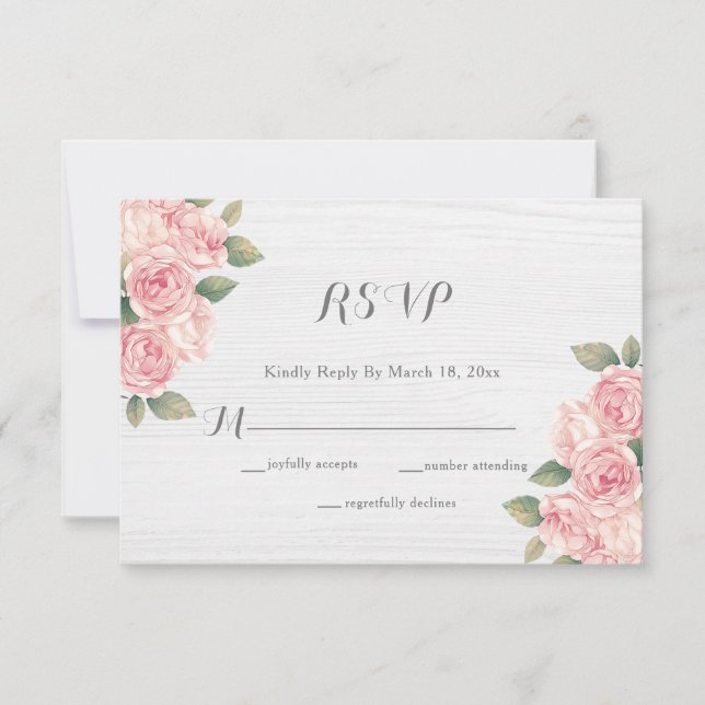 Rustic Blush Rose White Wood Wedding RSVP Card (Front)