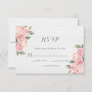 Rustic Blush Rose White Wood Wedding RSVP Card