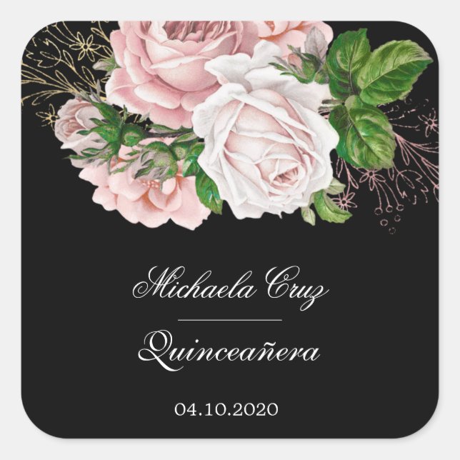 Rustic blush roses on black quinceanera square sticker (Front)