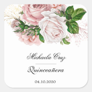 Rustic blush roses on white quinceanera square square sticker