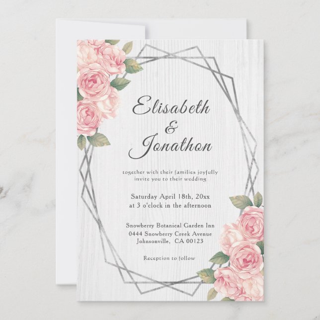 Rustic Blush Roses White Wood Geometric Wedding Invitation (Front)