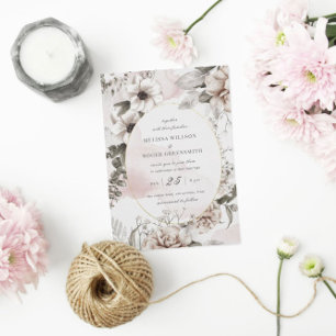 rustic blush silver floral wedding invitation