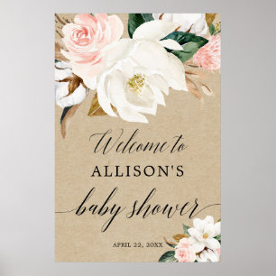 Rustic blush white floral baby shower welcome sign