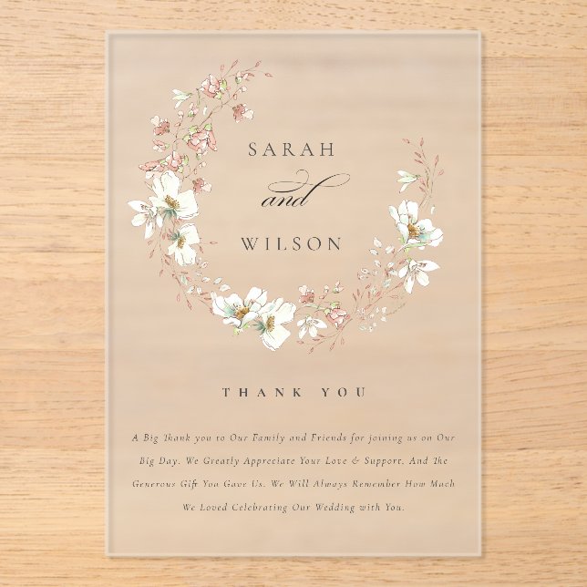 Rustic Blush White Meadow Floral Wreath Wedding Acrylic Invitations (Front)