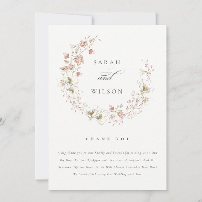 Rustic Blush White Meadow Floral Wreath Wedding Thank You Card (Front)