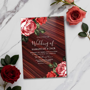 Rustic Blush Wood Burgundy Floral Wedding Invitation