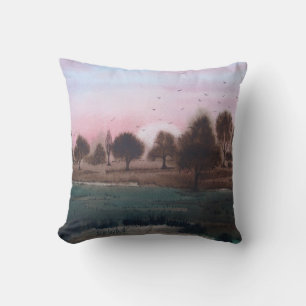 rustic boggy woodland autumn Landscape sunset sky Cushion