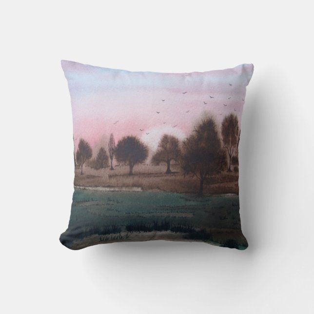 rustic boggy woodland autumn Landscape sunset sky Cushion (Front)