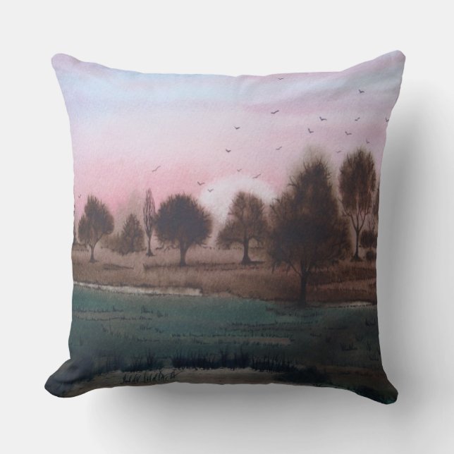 rustic boggy woodland autumn Landscape sunset sky Cushion (Front)