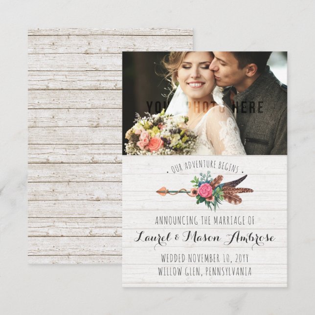 Rustic Bohemian Arrow Rose Wedding Announcement (Front/Back)