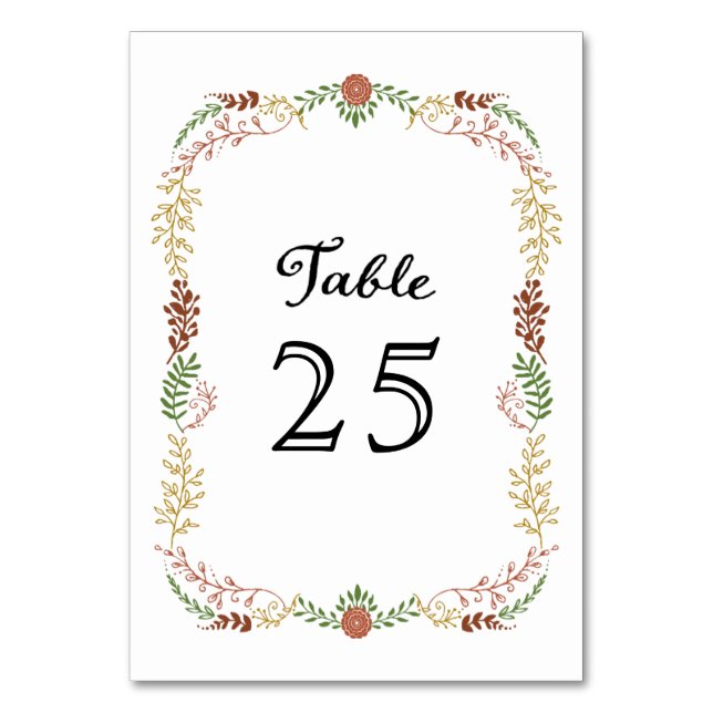 Rustic Bohemian Autumn Floral Wreath Wedding Table Number (Front)
