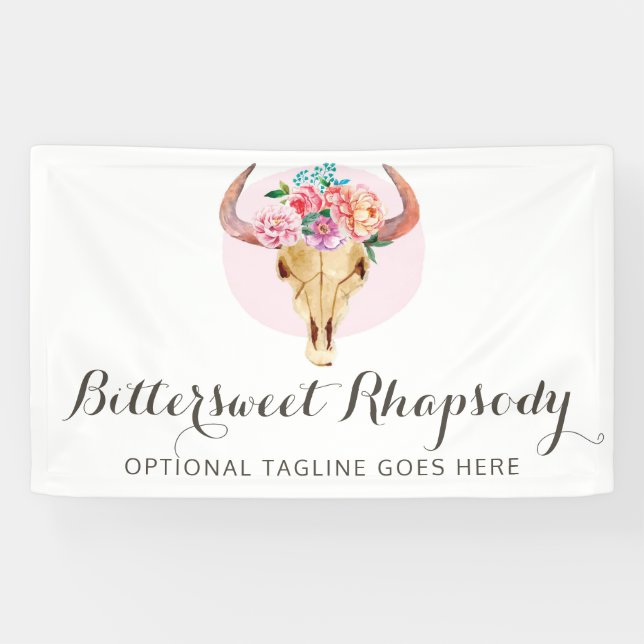 Rustic Bohemian Cow Skull Watercolor Blush Floral Banner (Horizontal)