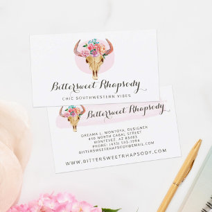 Rustic Bohemian Cow Skull Watercolor Blush Floral Business Card