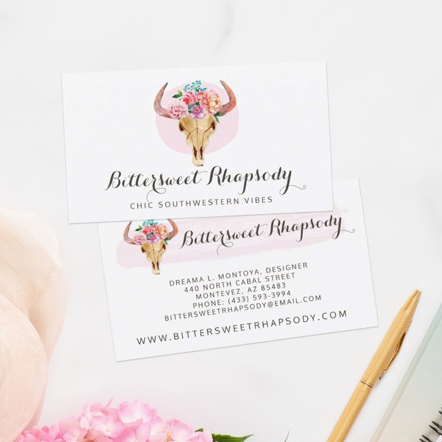 Rustic Bohemian Cow Skull Watercolor Blush Floral Business Card (Creator Uploaded)