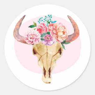 Rustic Bohemian Cow Skull Watercolor Blush Floral Classic Round Sticker