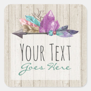 Rustic Bohemian Crystals & Arrow Watercolor Wood Square Sticker