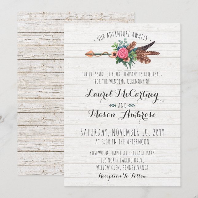 Rustic Bohemian Feathers Arrow Wedding Invitation (Front/Back)