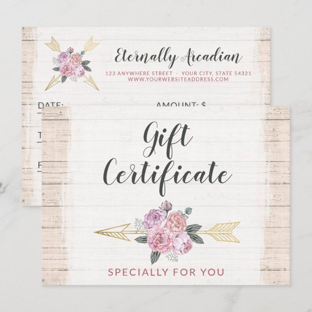 Rustic Bohemian Floral Arrow Gift Certificate Card (Front/Back)