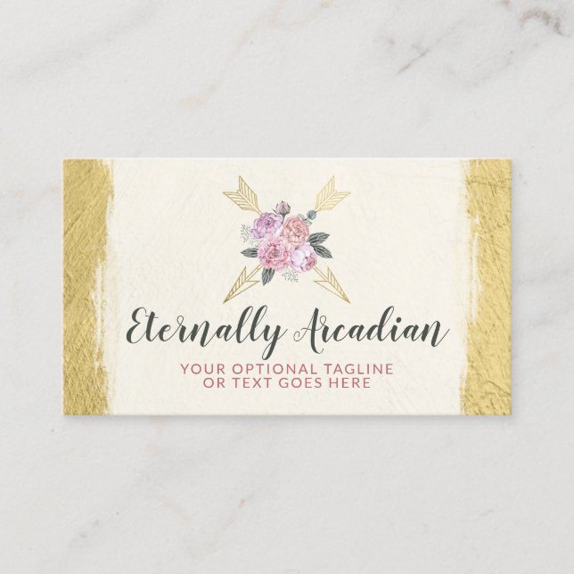 Rustic Bohemian Floral Arrows Blush Pink Gold Boho Business Card (Front)