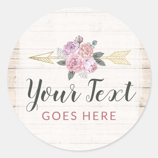 Rustic Bohemian Floral Arrows Blush Pink Gold Boho Classic Round Sticker (Front)