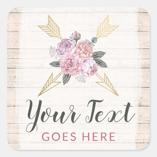 Rustic Bohemian Floral Arrows Blush Pink Gold Boho Square Sticker (Front)