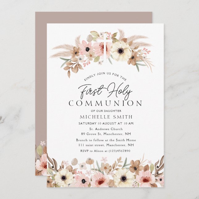 rustic bohemian floral modern first holy communion invitation (Front/Back)