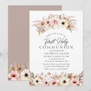 rustic bohemian floral modern first holy communion invitation