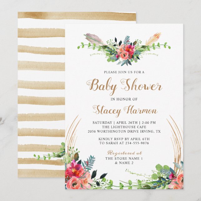 Rustic Bohemian Floral Watercolor Baby Shower Invitation (Front/Back)