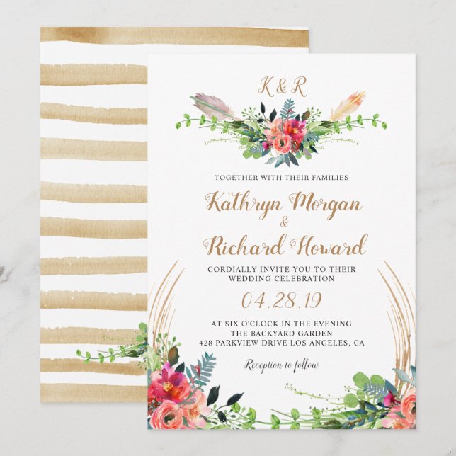 Rustic Bohemian Floral Watercolor Monogram Wedding Invitation (Front/Back)