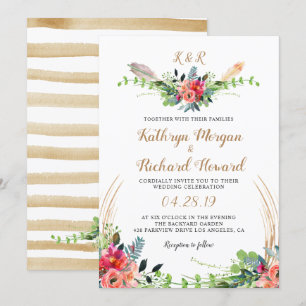 Rustic Bohemian Floral Watercolor Monogram Wedding Invitation