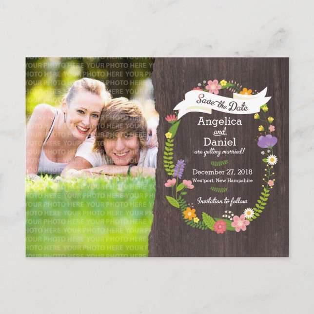 Rustic Bohemian Floral Wreath Photo Save the Date Announcement Postcard (Front)