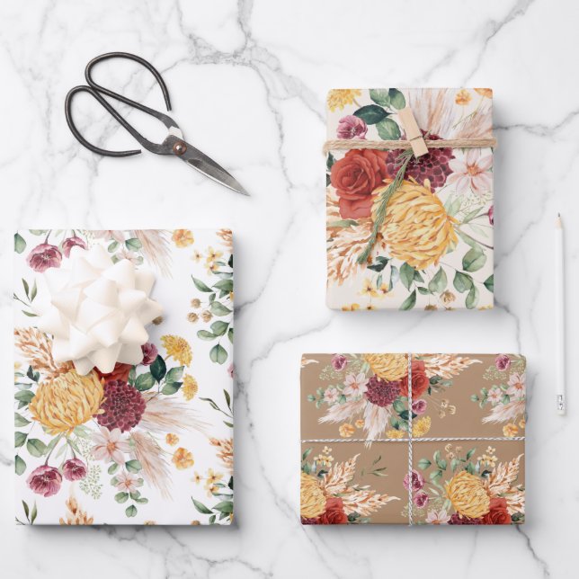 Rustic Bohemian Flowers Pampas Grass Greenery Wrapping Paper Sheet (Front)