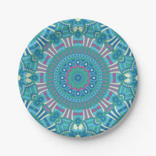 Rustic Bohemian Geometric Mandala Blue Purple Paper Plate