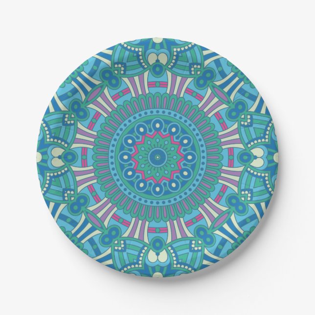 Rustic Bohemian Geometric Mandala Blue Purple Paper Plate (Front)